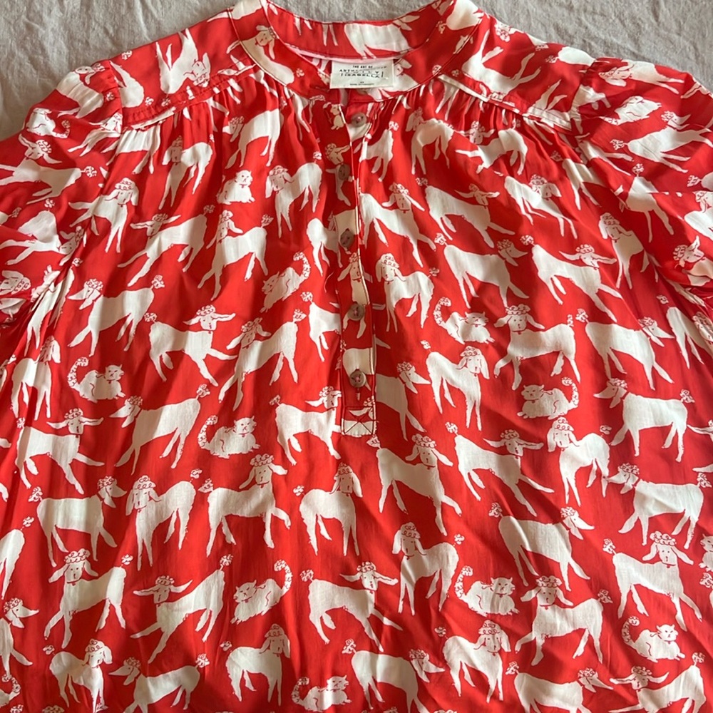 Anthropologie Red Poodle Print Women's Blouse